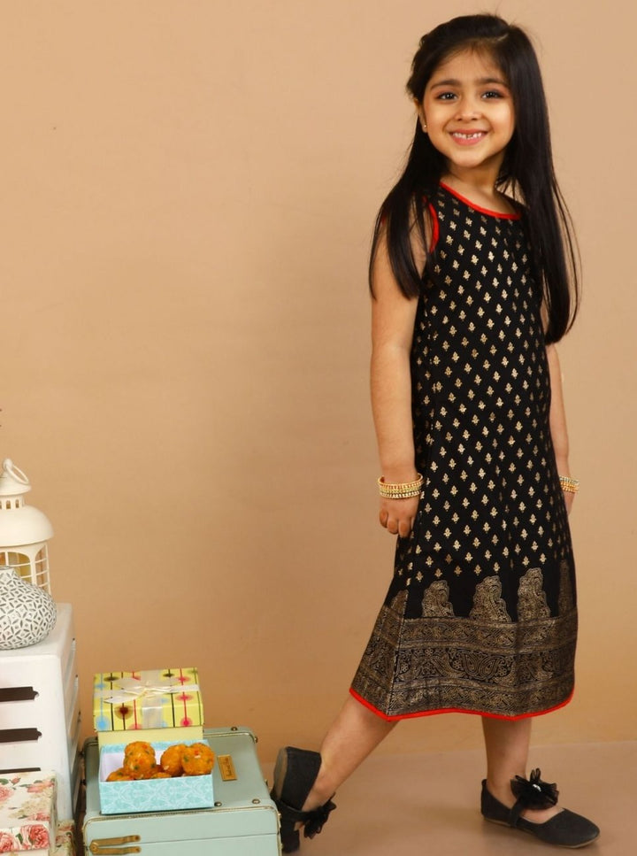 anokherang Kids Suits Black Foil Printed Floor Length for Girls