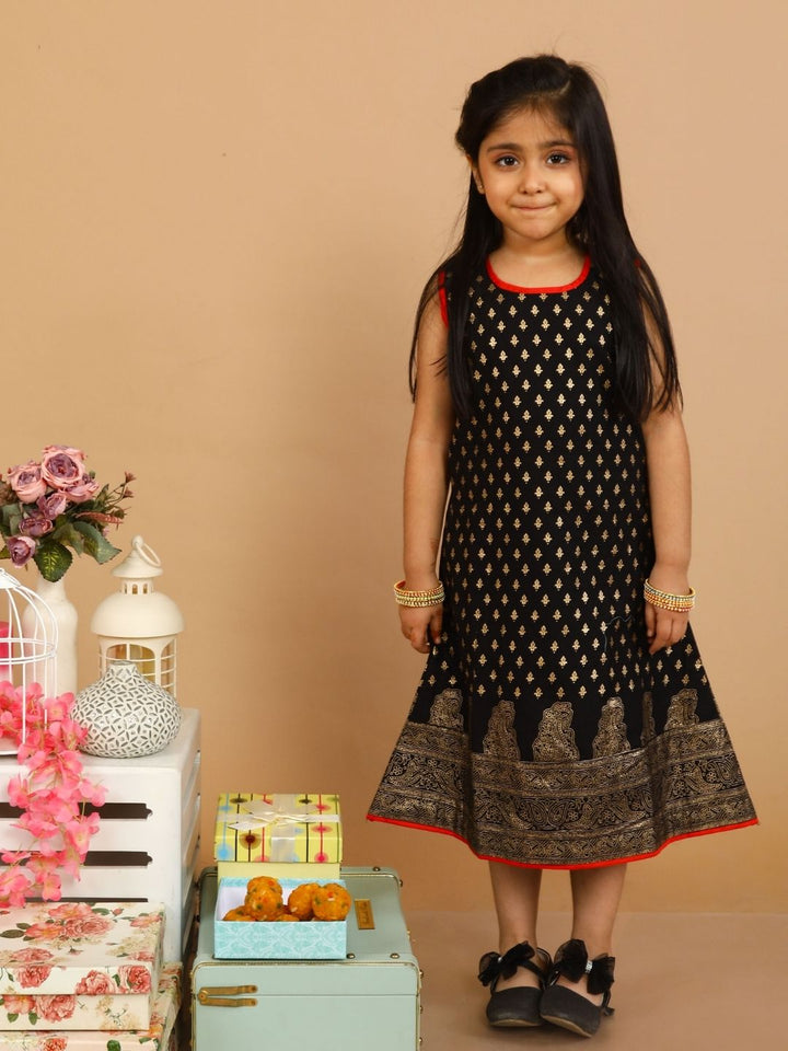 anokherang Kids Suits Black Foil Printed Floor Length for Girls