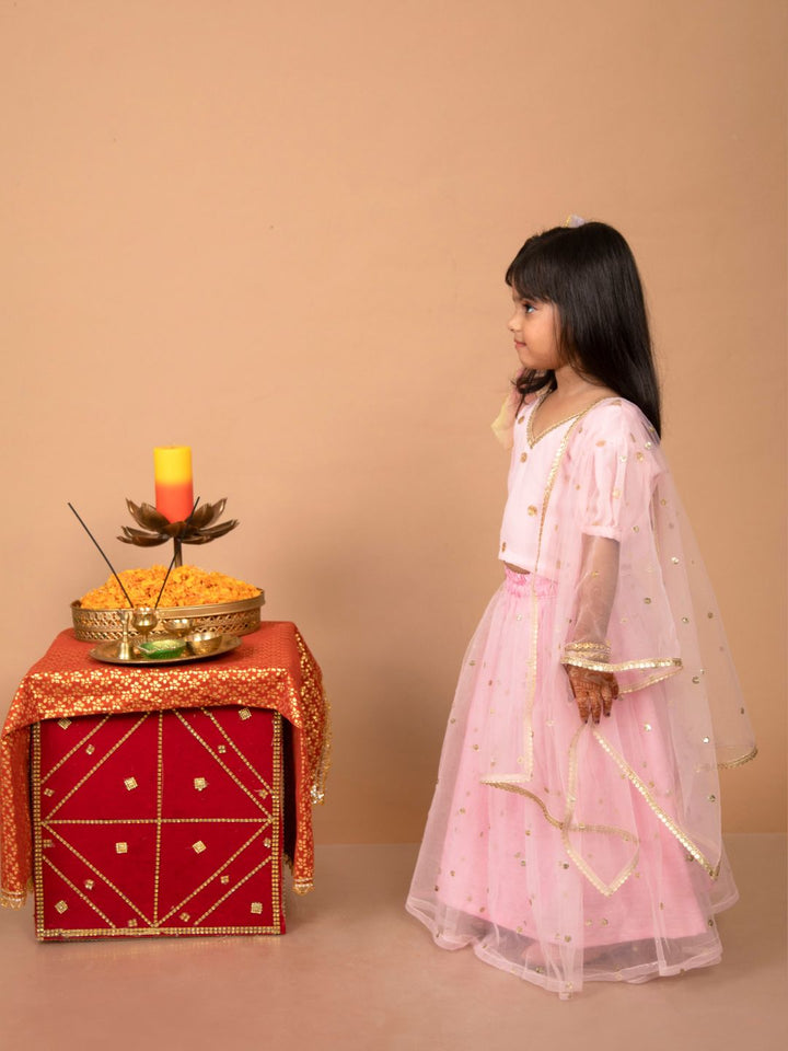 anokherang Kids Suits Copy of Sparkling Green Chanderi Lehenga Choli for Girls