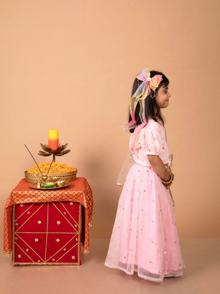 anokherang Kids Suits Copy of Sparkling Green Chanderi Lehenga Choli for Girls