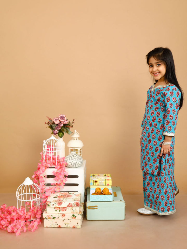 anokherang Kids Suits Firozi Printed Kurta with Palazzo for Girls
