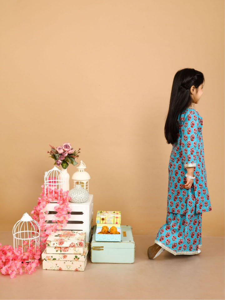 anokherang Kids Suits Firozi Printed Kurta with Palazzo for Girls