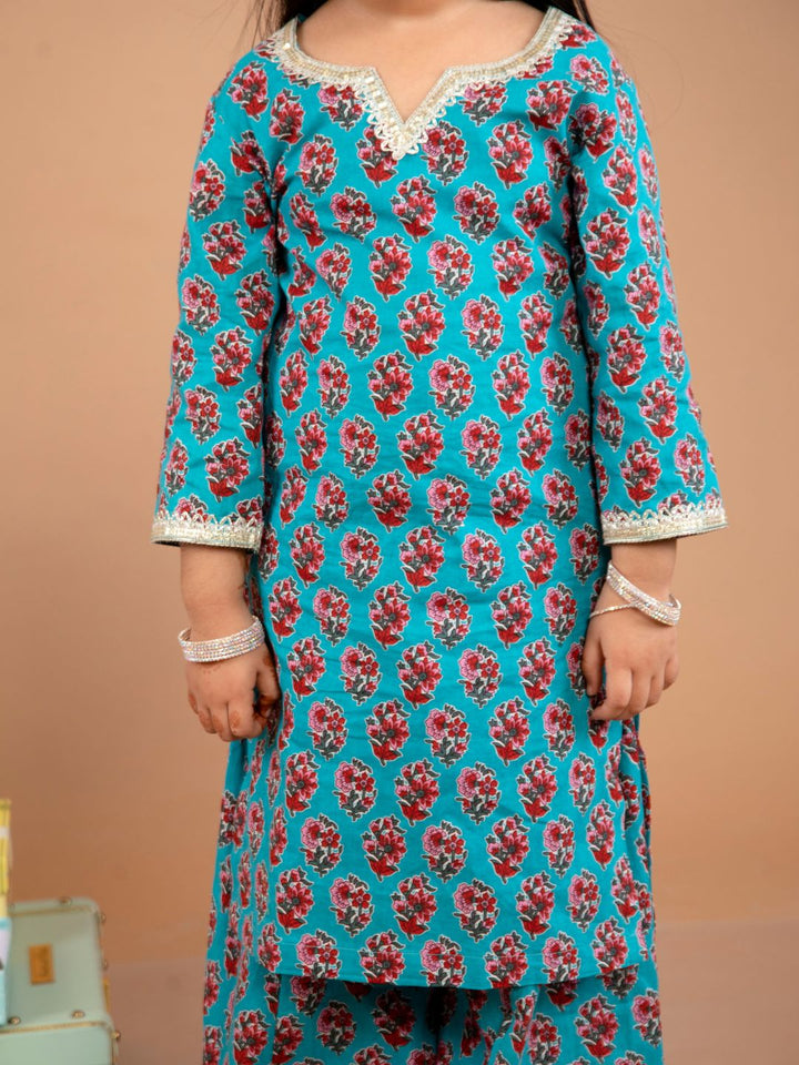 anokherang Kids Suits Firozi Printed Kurta with Palazzo for Girls
