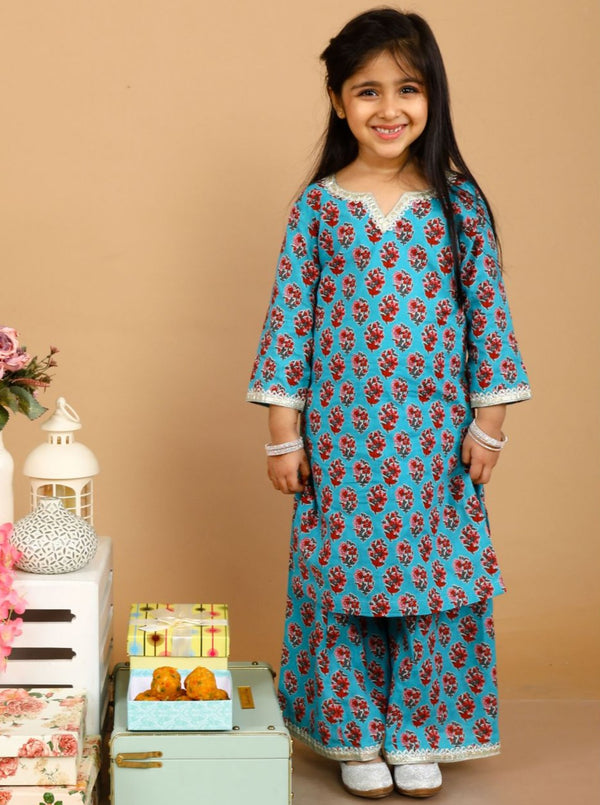 anokherang Kids Suits Firozi Printed Kurti with Palazzo for Girls