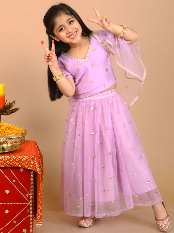anokherang Kids Suits Lilac Sequin Choli with Sequin Skirt and Dupatta
