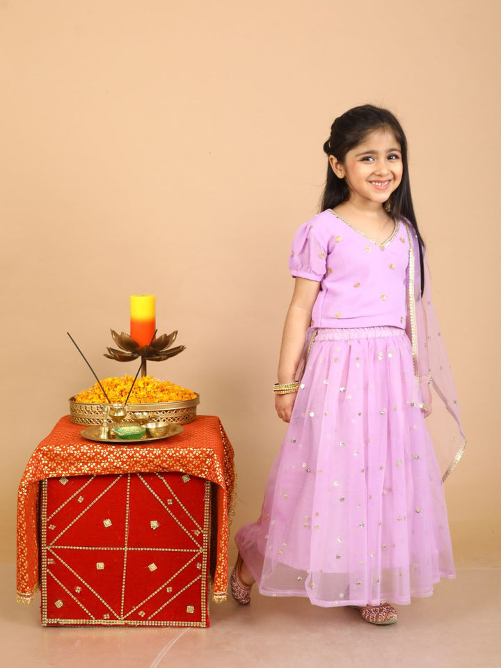 anokherang Kids Suits Lilac sequin top with net sequin skirt