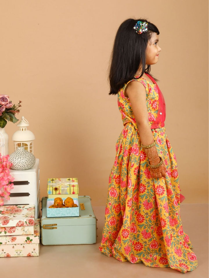 anokherang Kids Suits Mustard Pink Floral Printed Cotton Gathered Lehenga Choli for Girls