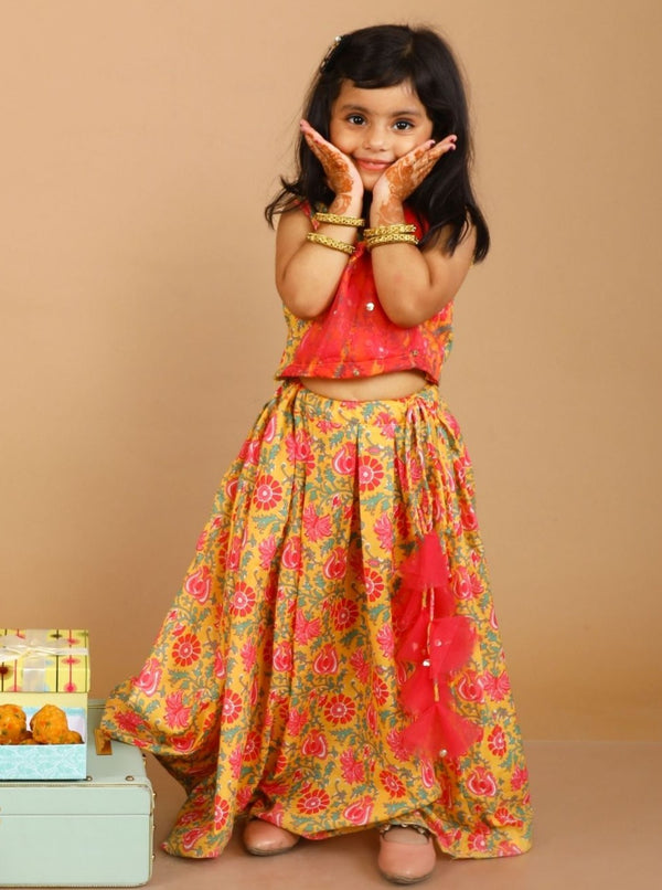 anokherang Kids Suits Mustard Pink Floral Printed Cotton Gathered Lehenga Choli for Girls