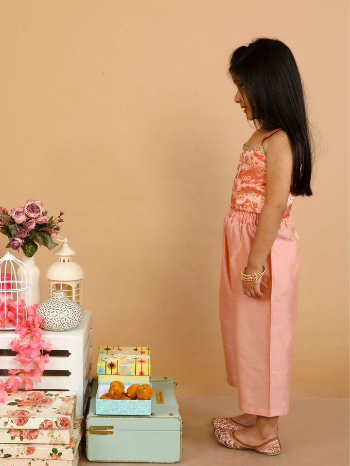 anokherang Kids Suits Peach Brocade Step Choli with Palazzo for Girls