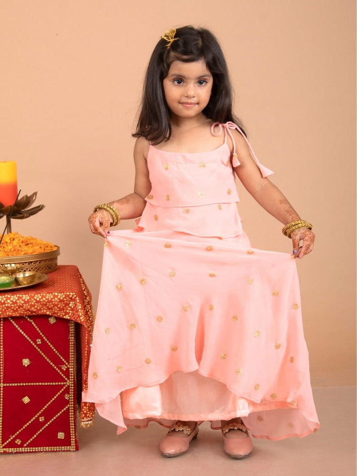 anokherang Kids Suits Peach Sequin Layered Georgette FloorLength for Girls