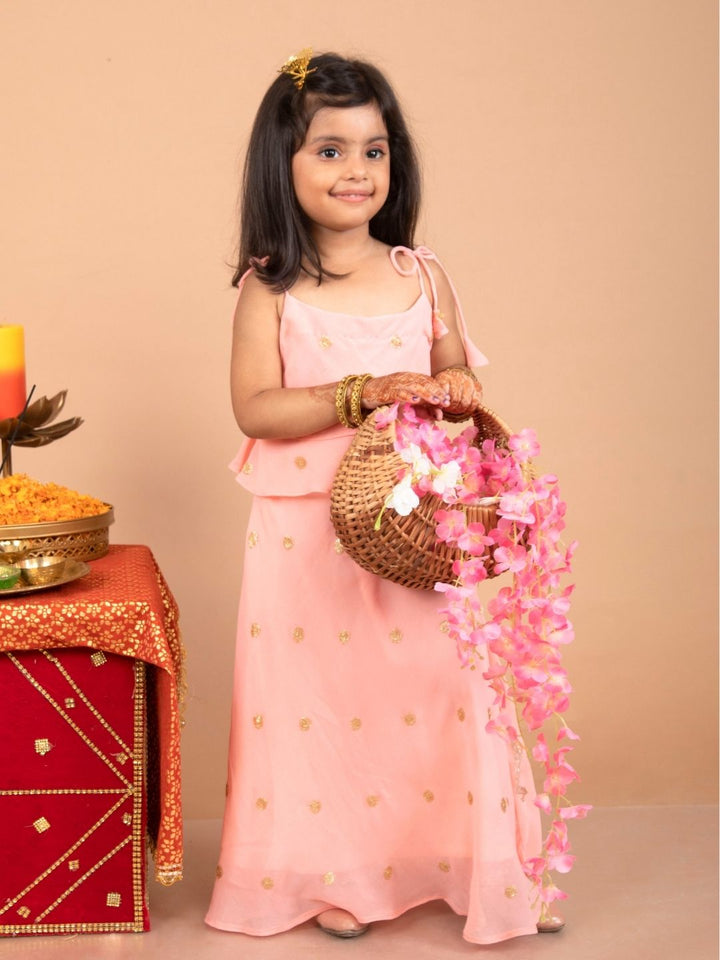 anokherang Kids Suits Peach Sequin Layered Georgette FloorLength for Girls