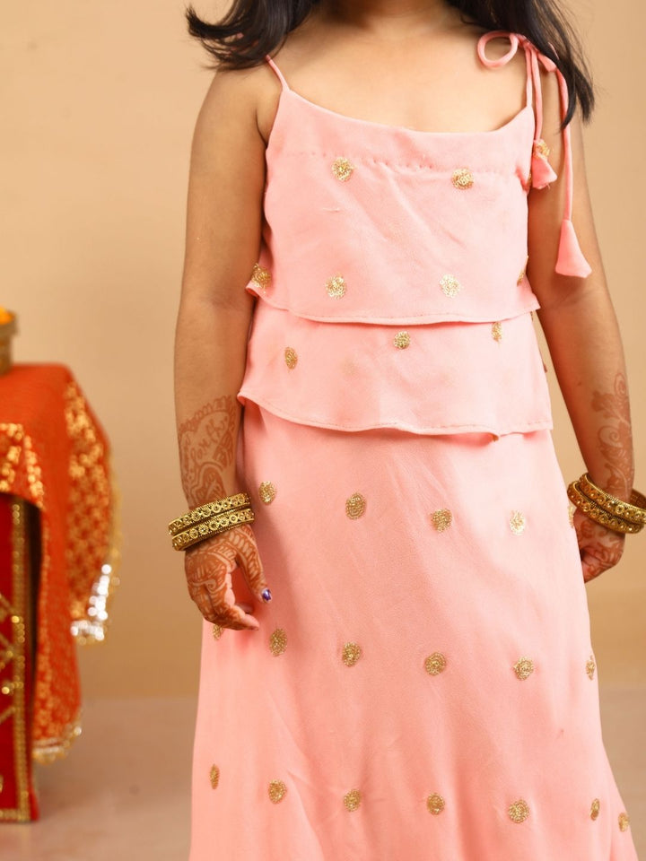 anokherang Kids Suits Peach Sequin Layered Georgette FloorLength for Girls