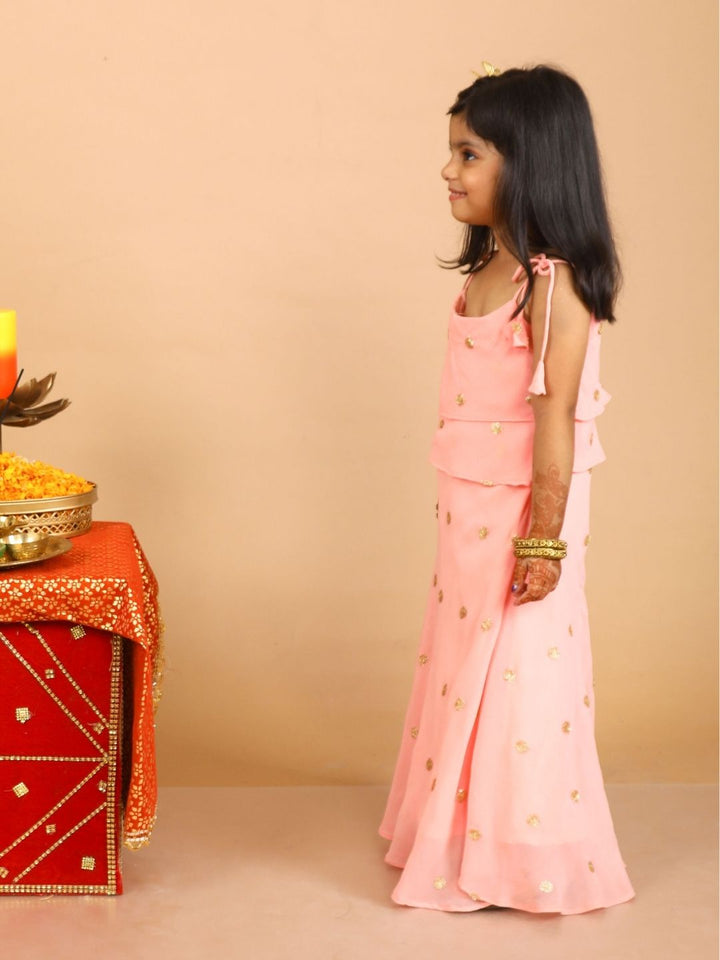 anokherang Kids Suits Peach Sequin Layered Georgette FloorLength for Girls