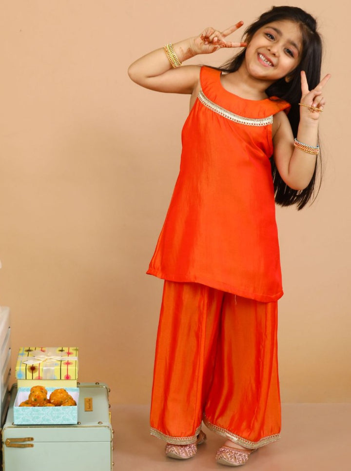 anokherang Kids Suits Peppy Orange Halter Kurti with Palazzo for Girls