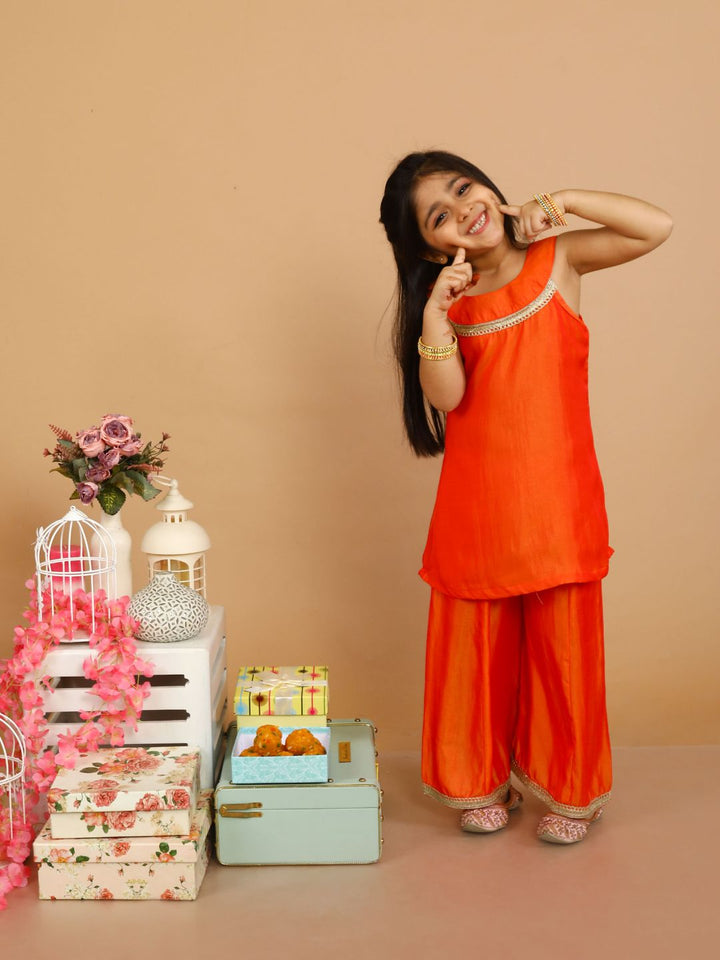 anokherang Kids Suits Peppy Orange Halter Kurti with Palazzo for Girls