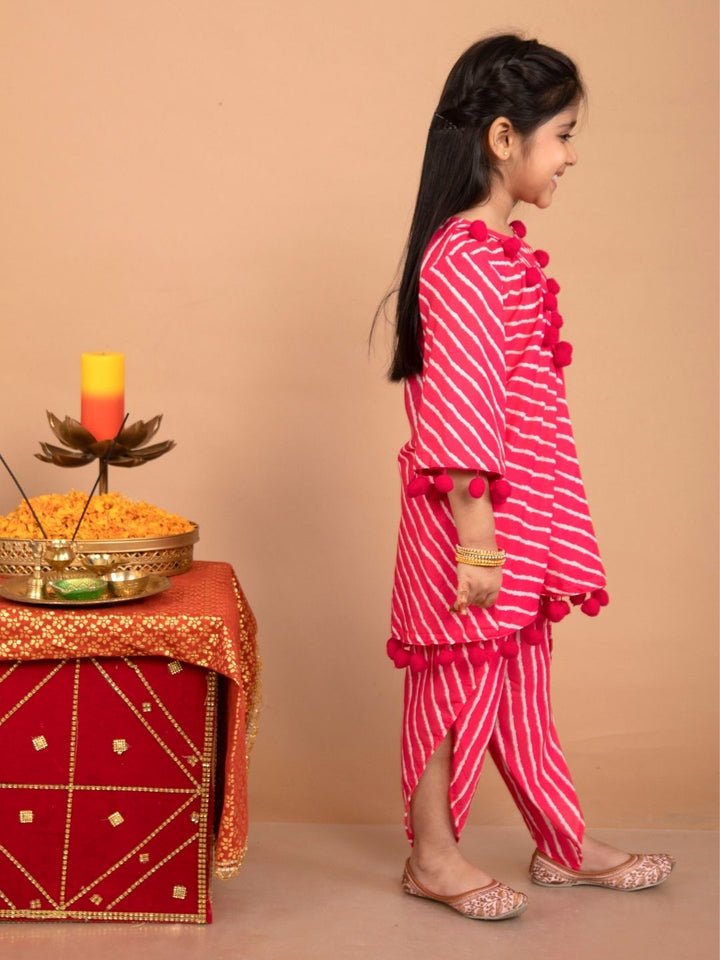 anokherang Kids Suits Pink Leheriya Kurti with Dhoti Pants for Girls