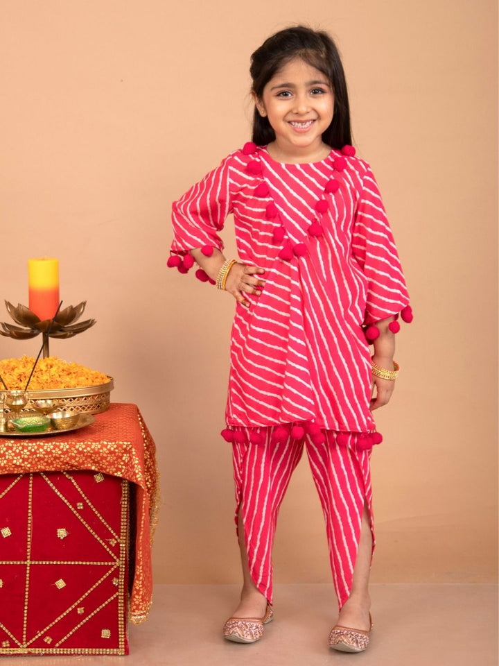 anokherang Kids Suits Pink Leheriya Kurti with Dhoti Pants for Girls
