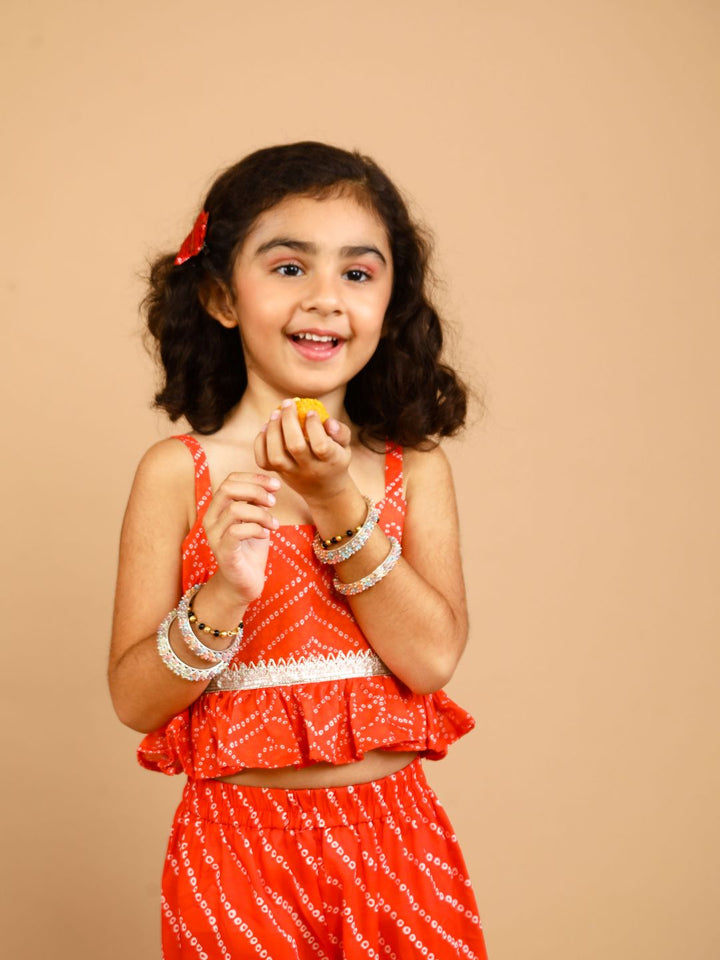anokherang Kids Suits Red Bandhani Top with Frilled Palazzo for Girls