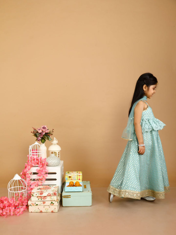 anokherang Kids Suits Sparkling Green Chanderi Lehenga Choli for Girls