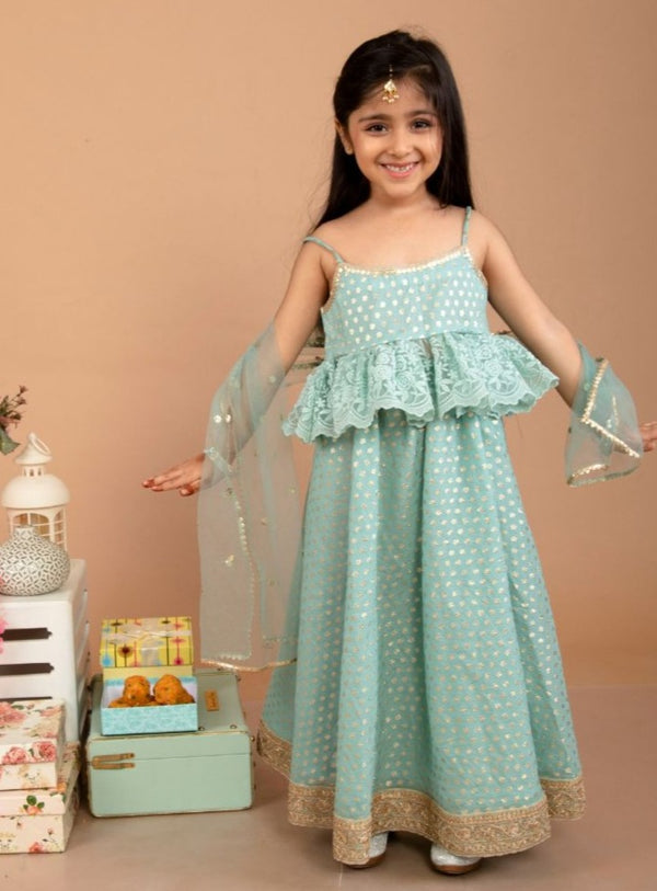 anokherang Kids Suits Sparkling Green Chanderi Lehenga Choli for Girls