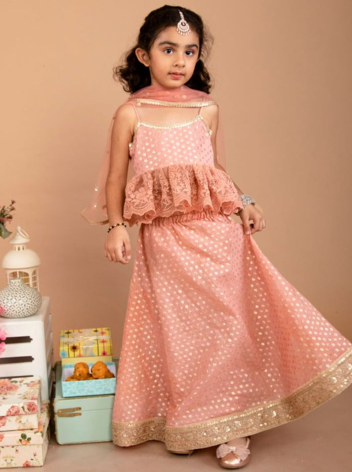 anokherang Kids Suits Sparkling Peach Chanderi Lehenga Choli for Girls