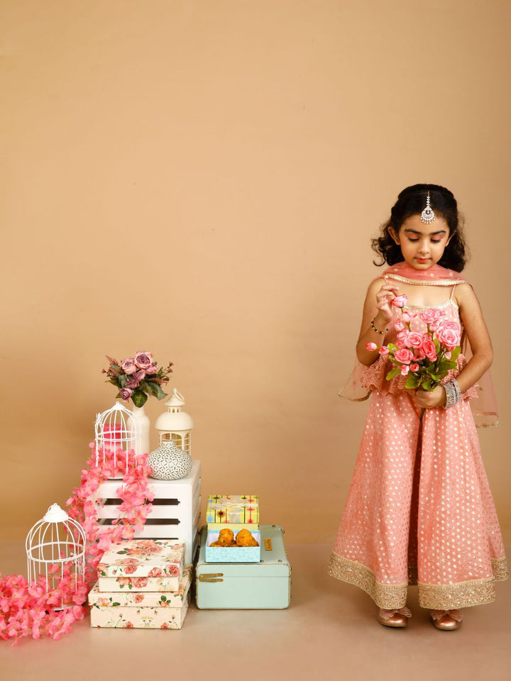 anokherang Kids Suits Sparkling Peach Chanderi Lehenga Choli for Girls