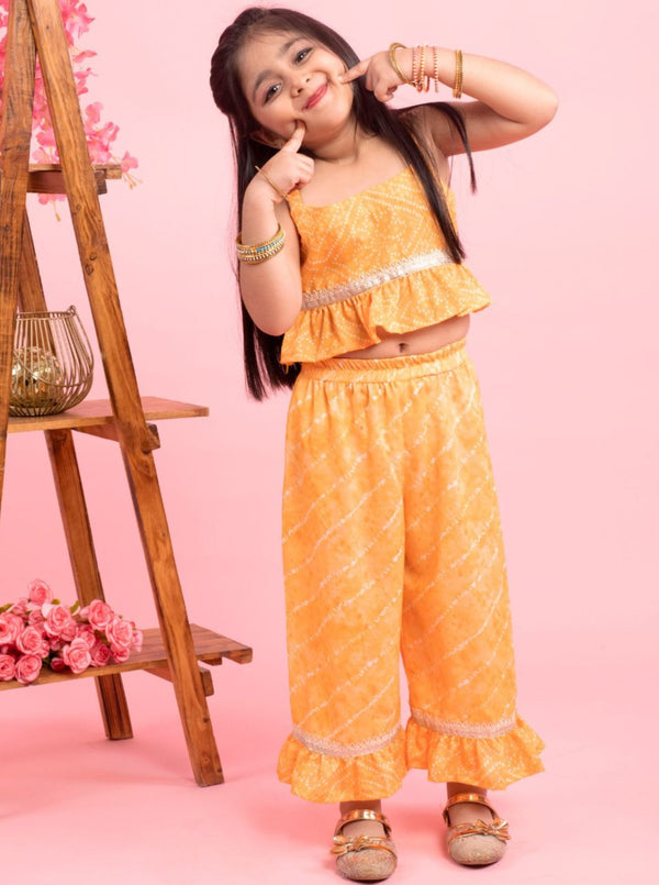 anokherang Kids Suits Yellow Bandhani Top with Frilled Palazzo for Girls