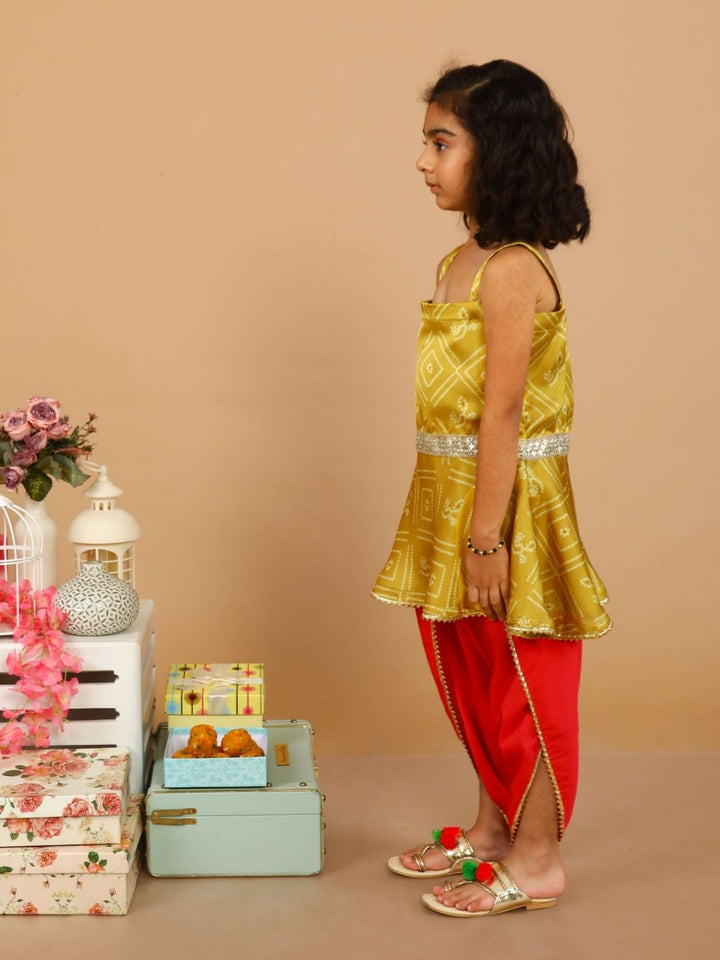 anokherang Kids Suits Yellow Pink Bandhani with Tulip Pants for Girls