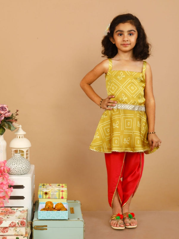 anokherang Kids Suits Yellow Pink Bandhani with Tulip Pants for Girls
