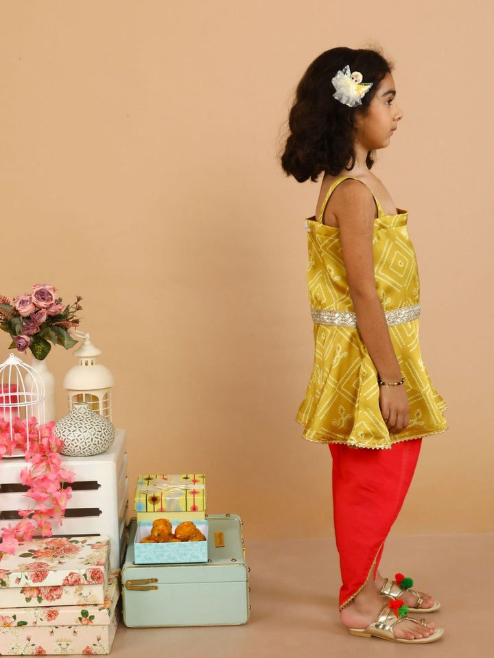 anokherang Kids Suits Yellow Pink Bandhani with Tulip Pants for Girls