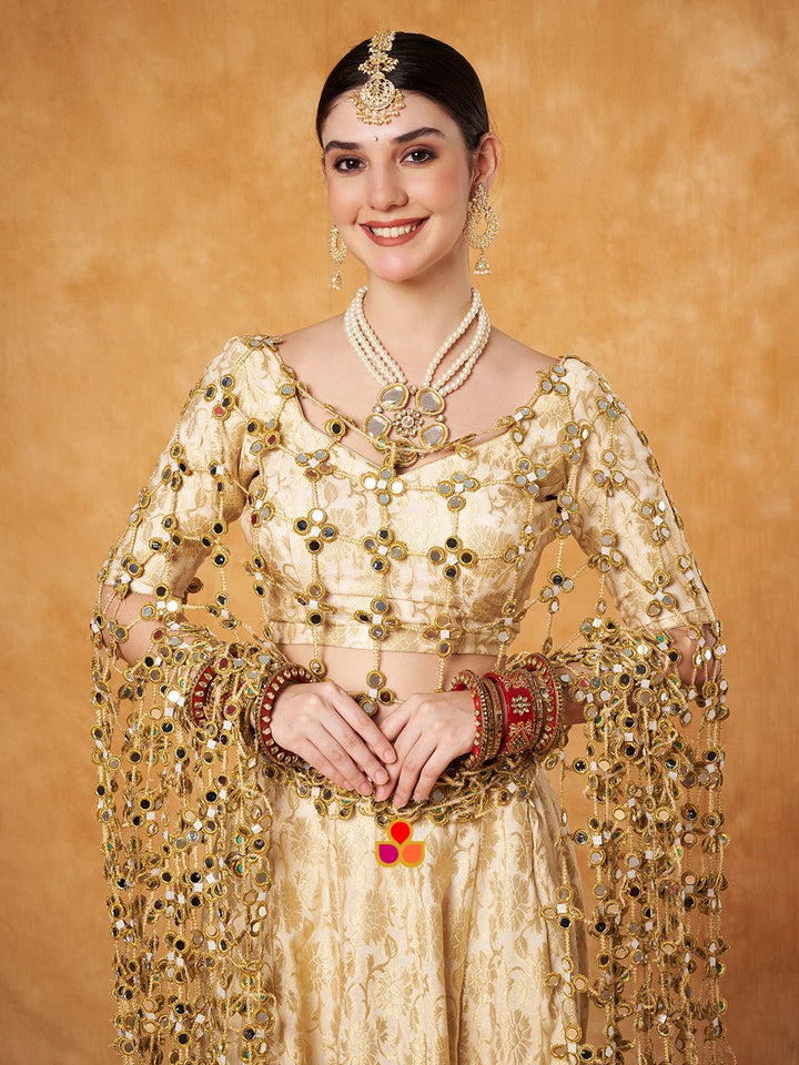 anokherang Lehenga Ivory Banarsi Silk Lehenga Choli with Mirror Dupatta