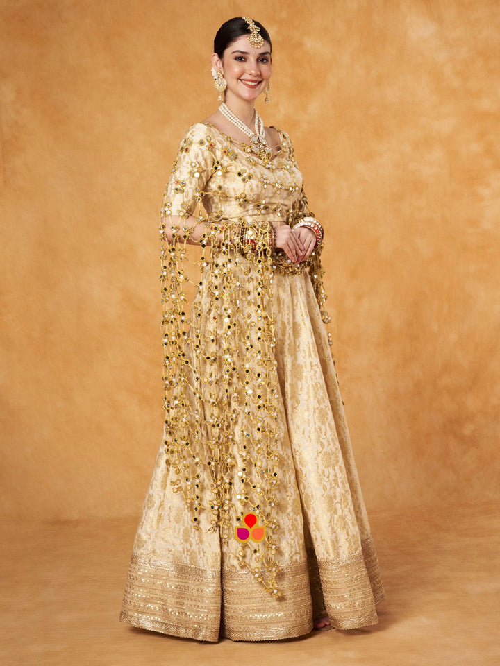 anokherang Lehenga Ivory Banarsi Silk Lehenga Choli with Mirror Dupatta