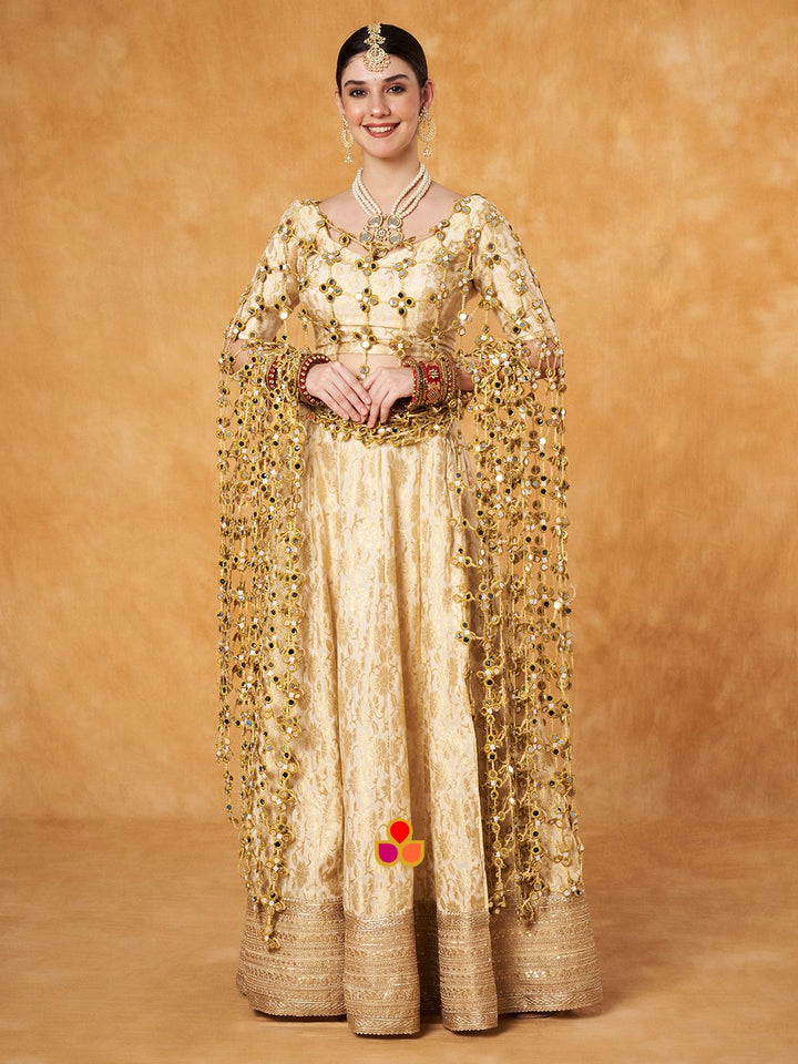 anokherang Lehenga Ivory Banarsi Silk Lehenga Choli with Mirror Dupatta