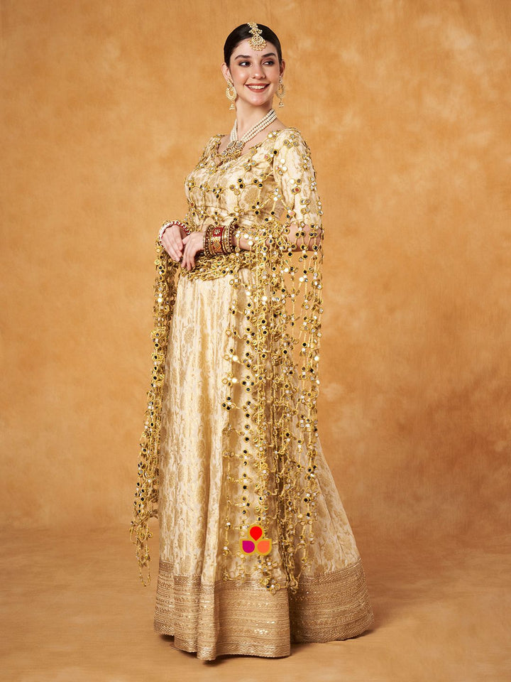 anokherang Lehenga Ivory Banarsi Silk Lehenga Choli with Mirror Dupatta