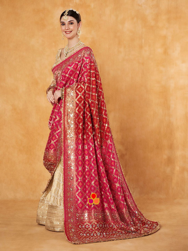 anokherang Lehenga Mahjabeen Ivory Banarsi Silk Lehenga Choli with Bandhej Mirror Dupatta