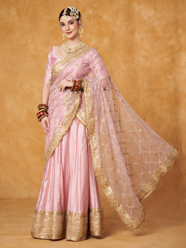 anokherang Lehenga Pastel Pink Embroidered Lehenga with Net Dupatta
