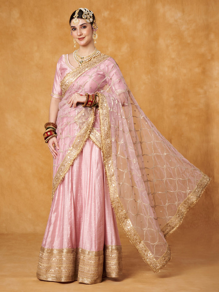 anokherang Lehenga Pastel Pink Embroidered Lehenga with Net Dupatta