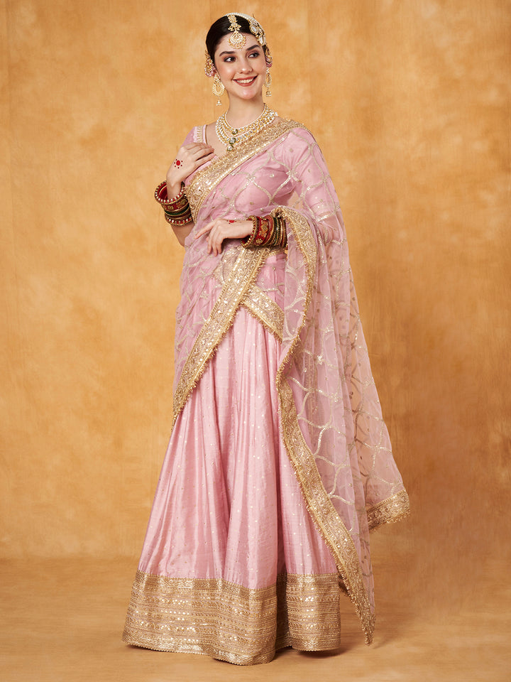 anokherang Lehenga Pastel Pink Embroidered Lehenga with Net Dupatta