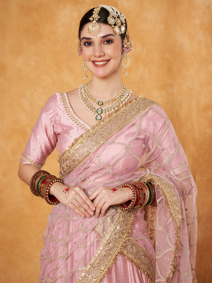 anokherang Lehenga Pastel Pink Embroidered Lehenga with Net Dupatta
