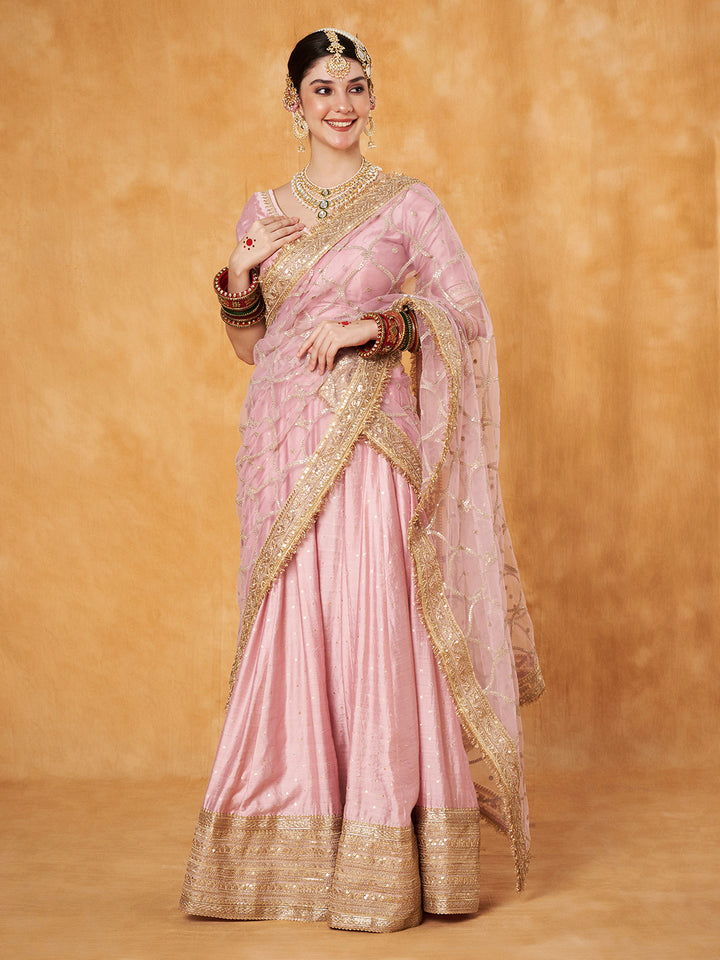 anokherang Lehenga Pastel Pink Embroidered Lehenga with Net Dupatta