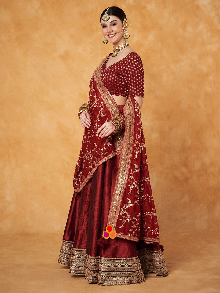 anokherang Lehenga Regal Maroon Lehenga Choli with Chinnon Dupatta
