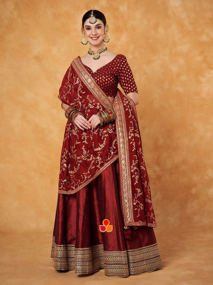 anokherang Lehenga Regal Maroon Lehenga Choli with Chinnon Dupatta