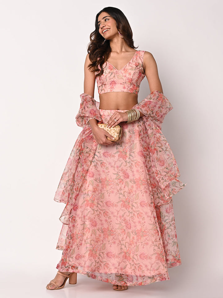 anokherang Lehenga Smiling Printed Peach Organza Lehenga Choli with Organza Dupatta