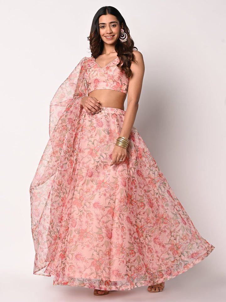 anokherang Lehenga Smiling Printed Peach Organza Lehenga Choli with Organza Dupatta