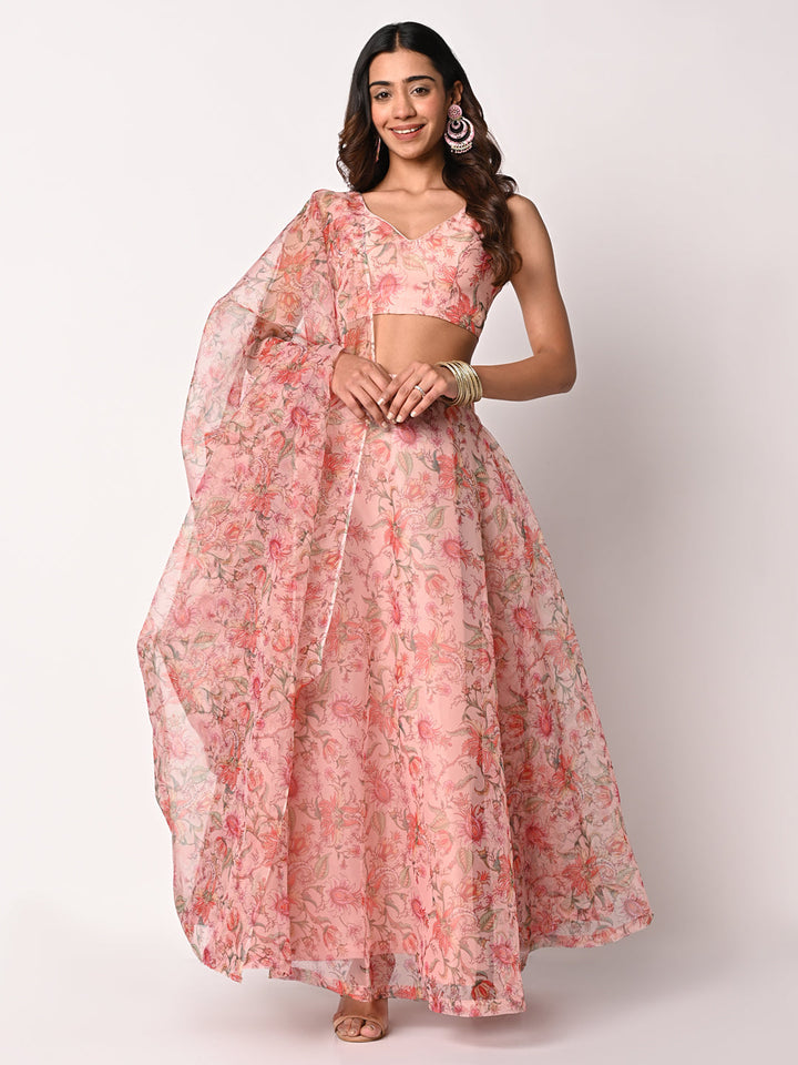 anokherang Lehenga Smiling Printed Peach Organza Lehenga Choli with Organza Dupatta