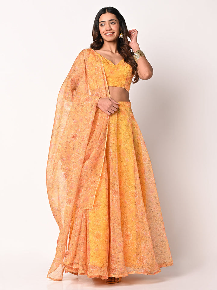 anokherang Lehenga Sunshine Printed Yellow Organza Lehenga Choli with Organza Dupatta