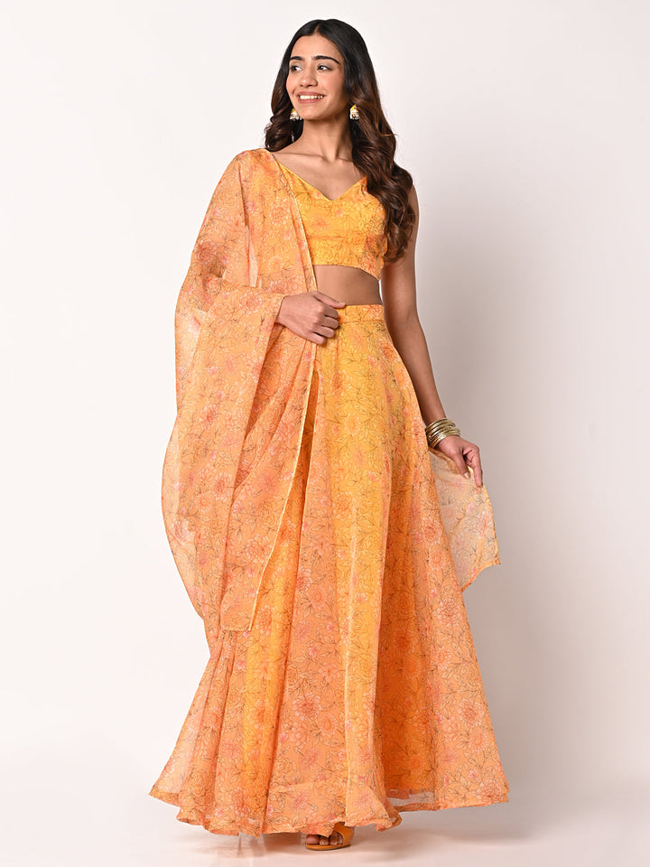 anokherang Lehenga Sunshine Printed Yellow Organza Lehenga Choli with Organza Dupatta