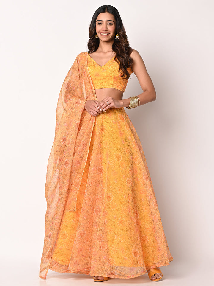 anokherang Lehenga Sunshine Printed Yellow Organza Lehenga Choli with Organza Dupatta