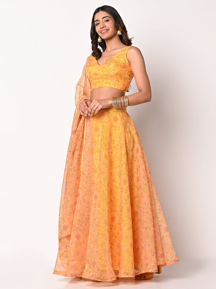 anokherang Lehenga Sunshine Printed Yellow Organza Lehenga Choli with Organza Dupatta