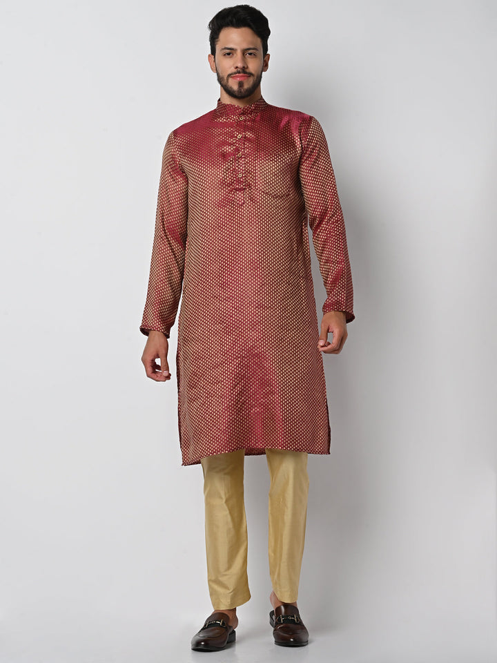 anokherang LKurtas Banarsi Wine Brocade Mens Kurta Pajama